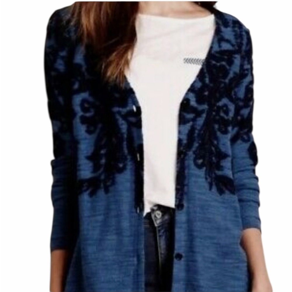 Anthropologie Moth Heather Blue with Navy Raised Design Button Front Cardigan